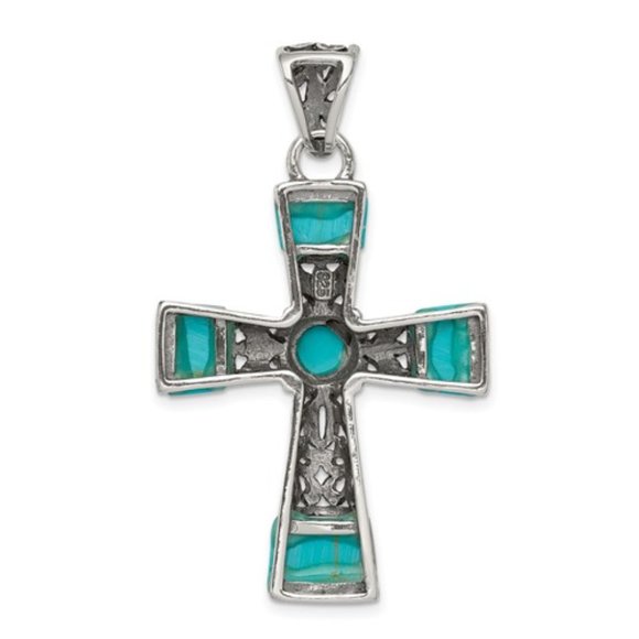 925 Sterling Silver Large Chunky Synthetic Turquoise Antiqued Cross Pendant - Picture 5 of 7